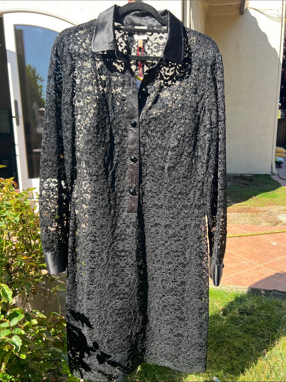 Anne Klein black Lace Long Sleeve Coat with Satin Trim